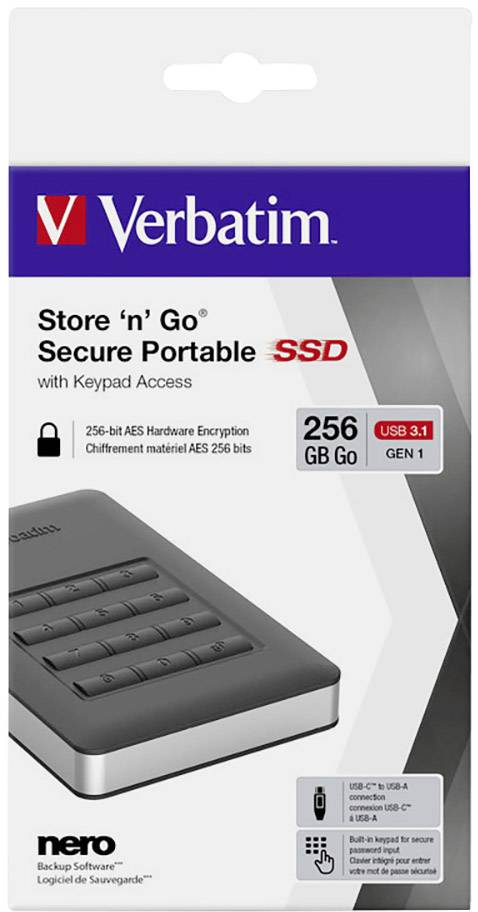 'Verbatim Store 'n' Go Secure Portable SSD' de 256 Go, USB 3.1 Gen 1 avec chiffrement matériel AES 256 bits. Comprend un pavé numérique.