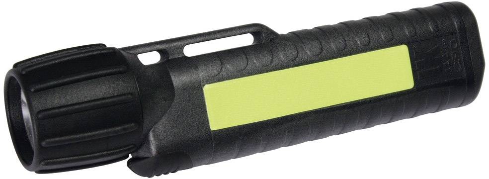 Lampe de poche noire avec poignée texturée et étiquette jaune sur le côté, résistante aux chocs et compacte, adaptée aux activités de plein air.