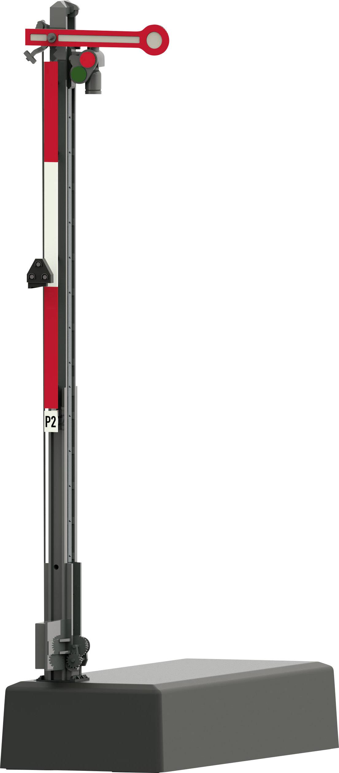 Un signal mécanique rouge et noir avec un mât vertical long et une base rectangulaire en métal, signal ferroviaire typique.