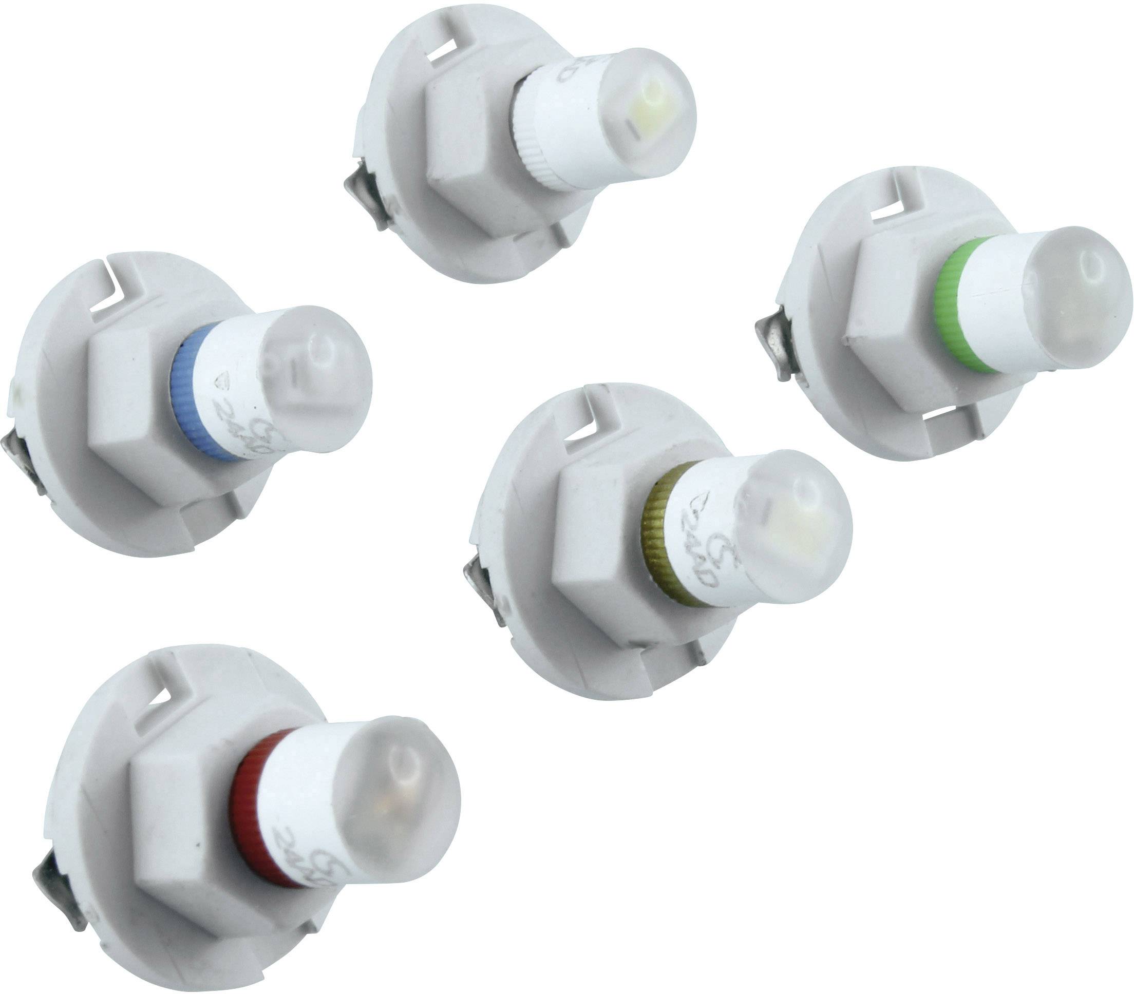 Cinq interrupteurs ronds blancs avec des marquages colorés : bleu, rouge, jaune, vert et blanc, sur un fond blanc.