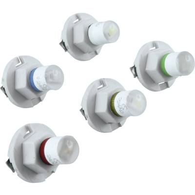 Cinq interrupteurs ronds blancs avec des marquages colorés : bleu, rouge, jaune, vert et blanc, sur un fond blanc.