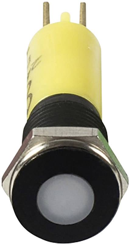 Bouton-poussoir jaune avec bordure noire et boîtier métallique, représenté de face, avec deux broches de connexion en haut.