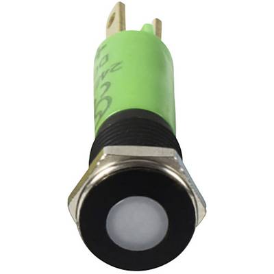 Boîtier LED cylindrique vert avec bordure noire et filetage métallique, vue de face sur lentille blanche. Deux contacts métalliques à l'arrière.