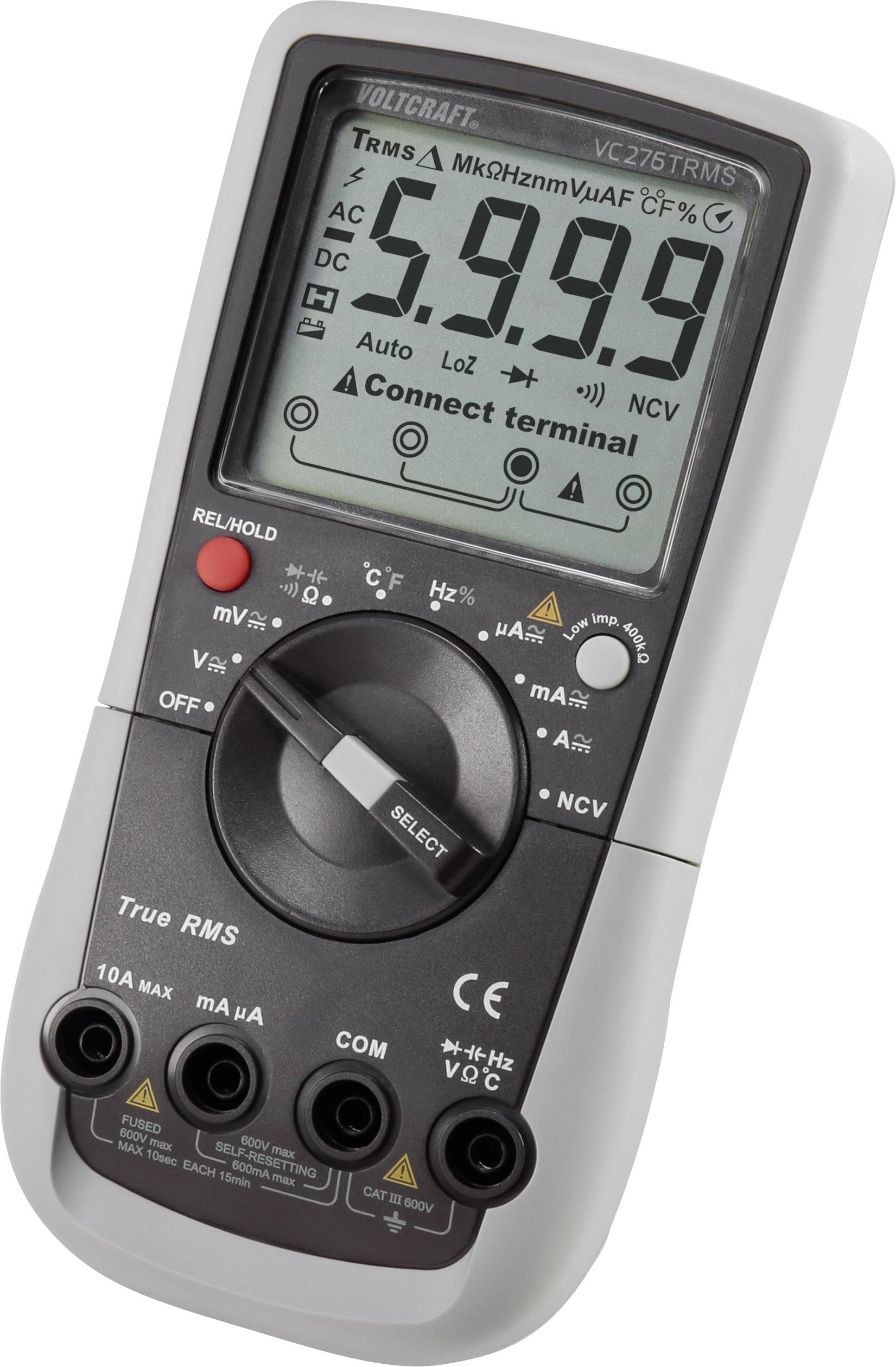 Un multimètre numérique avec affichage LCD indique la valeur de mesure '59,99'. Il est équipé d'un commutateur rotatif pour différentes fonctions de mesure et de quatre bornes sur le bord inférieur.