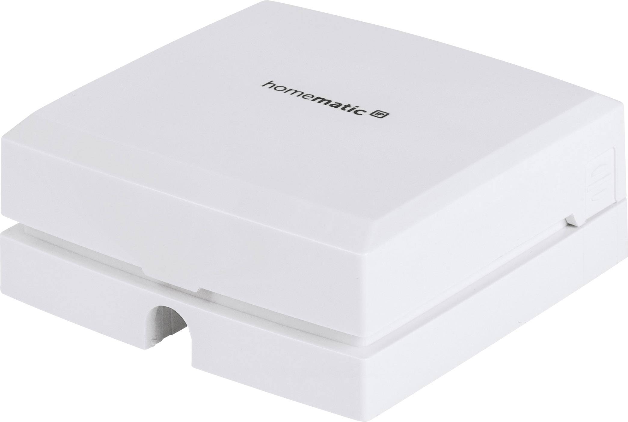Un appareil blanc rectangulaire portant l'inscription 'homematic IP' sur sa surface supérieure. Il est destiné au contrôle d'applications domotiques.