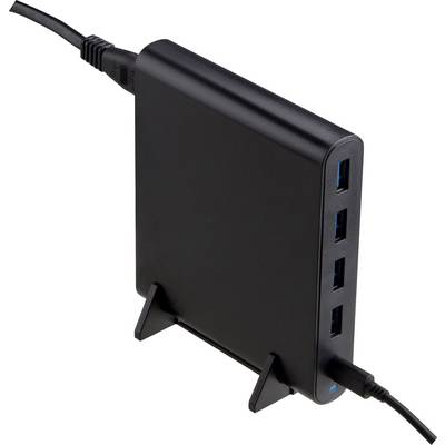 Un chargeur USB noir à quatre ports, monté verticalement sur un support, est branché à un câble électrique.
