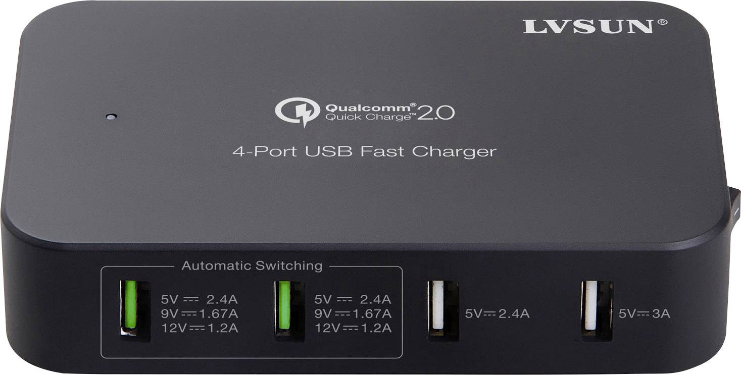 Un chargeur USB noir à 4 ports avec charge rapide, arborant le logo 'Qualcomm Quick Charge 2.0' et doté d'un commutateur automatique pour différentes intensités de courant.