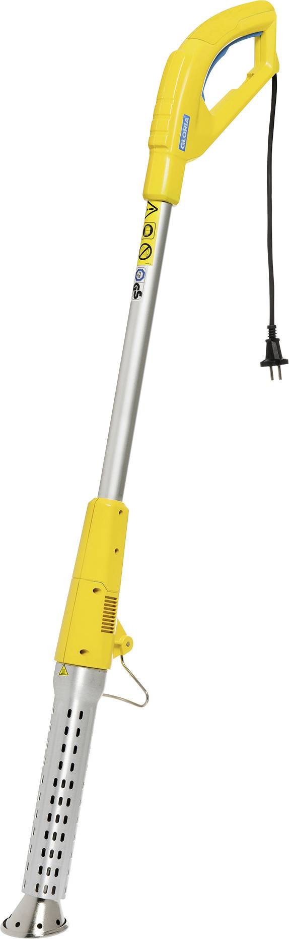 Destructeur d'herbes indésirables électrique jaune avec long manche et câble noir. Adapté pour l'élimination écologique des mauvaises herbes.