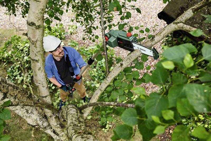 Une personne portant un casque de protection utilise une tronçonneuse électrique dans un arbre. Travail concentré sur des branches denses dans un jardin.