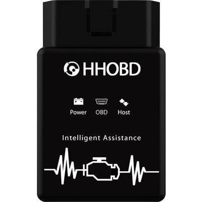 Appareil OBD noir avec l'inscription 'HHOBD'. Symboles de courant électrique, OBD et hôte. Texte : 'Assistance intelligente' et symbole de moteur avec ligne cardiaque.