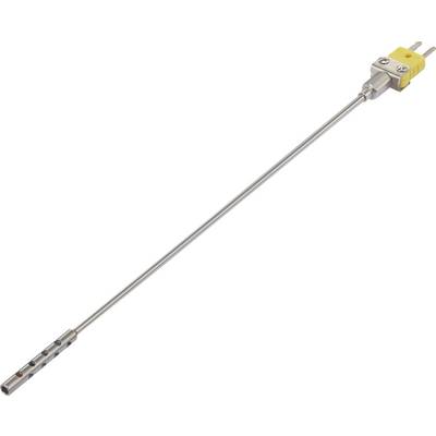 Une tige métallique avec un connecteur jaune à son extrémité, probablement un capteur de température ou une sonde, adaptée aux applications techniques.