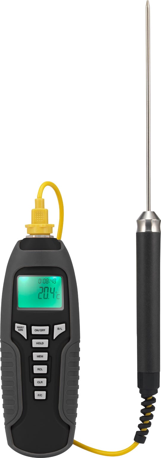 Un thermomètre numérique avec sonde, affiche 20,4 degrés Celsius sur un écran vert. Adapté pour les mesures de température.