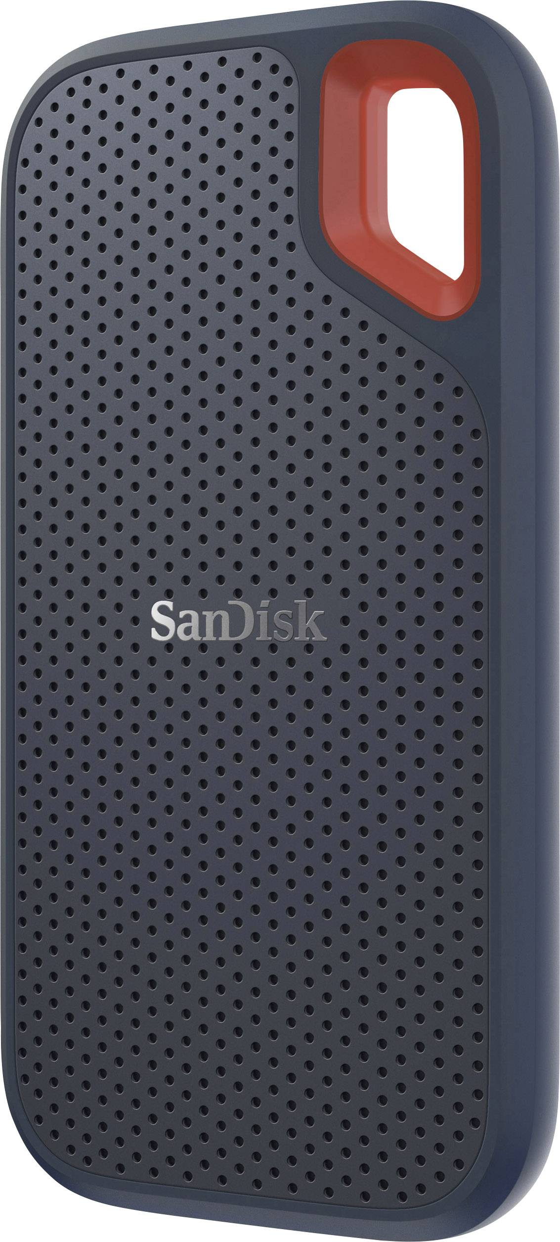 Un périphérique de stockage externe portable de couleur gris foncé avec un accent rouge et le logo SanDisk au centre.