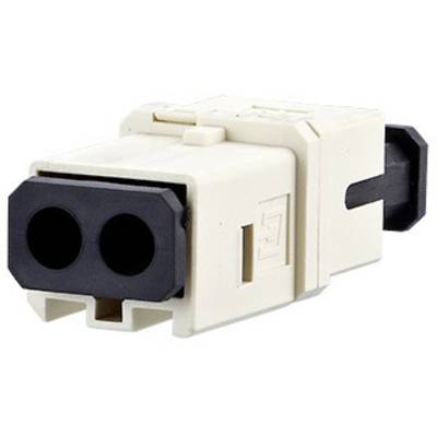 Un connecteur rectangulaire bicolore à l'avant-plan, souvent utilisé pour les connexions optiques. Principalement conçu en blanc et noir.