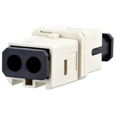 Un connecteur en plastique blanc avec deux bornes noires, permettant des connexions à fibre optique dans les applications réseau.