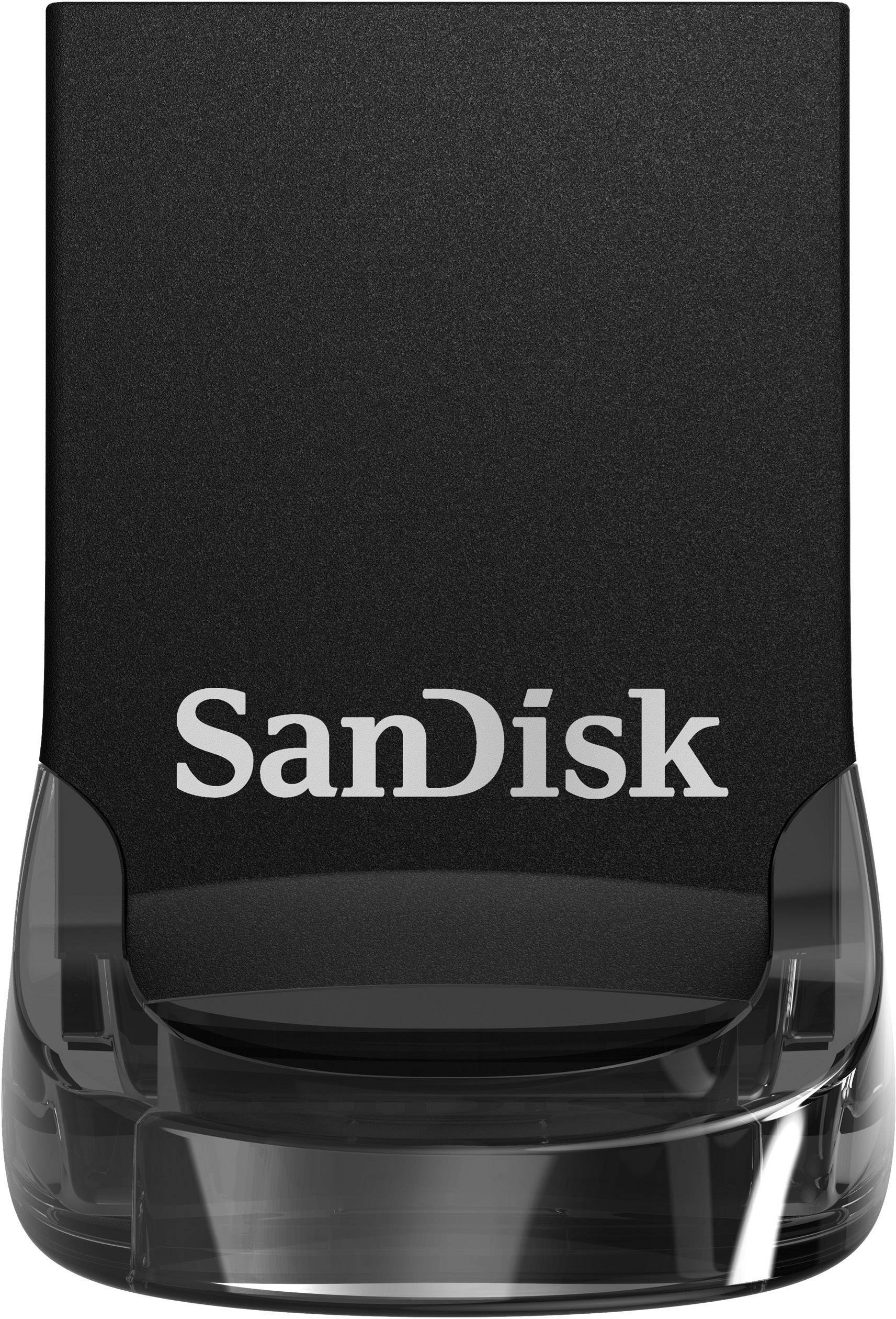 Une petite clé USB noire de la marque SanDisk avec un connecteur transparent.