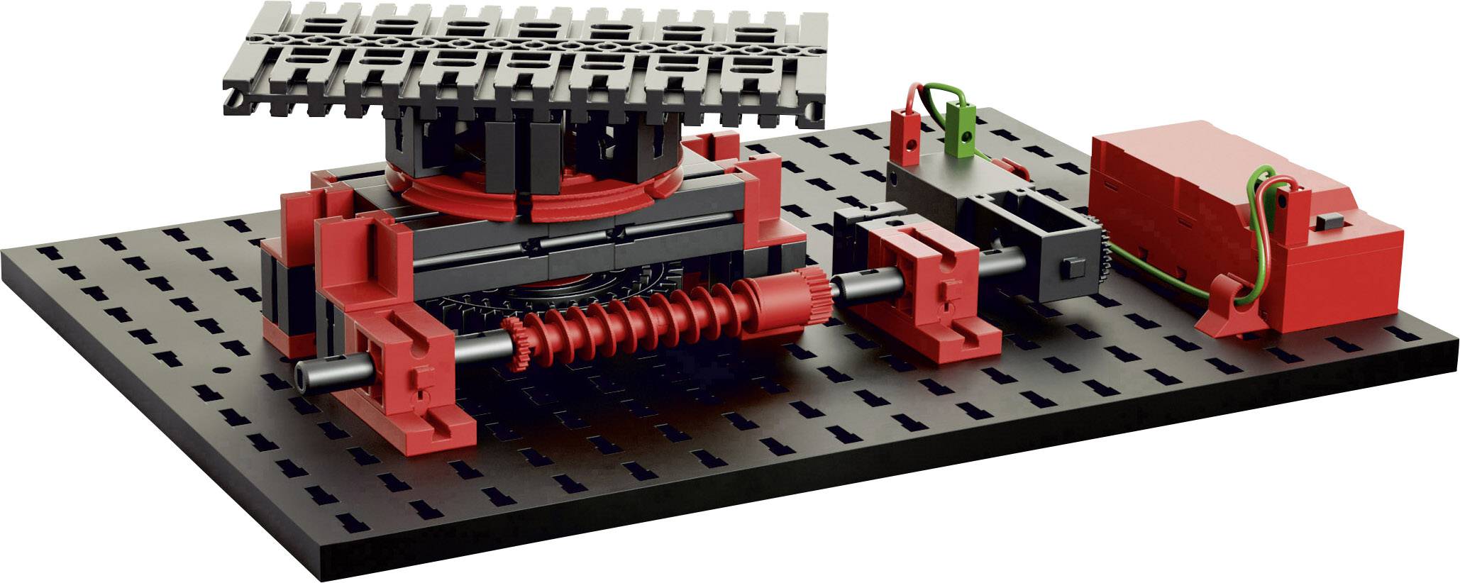 Un modèle mécanique avec un engrenage rouge et noir, monté sur une plaque perforée, à côté de composants électroniques.