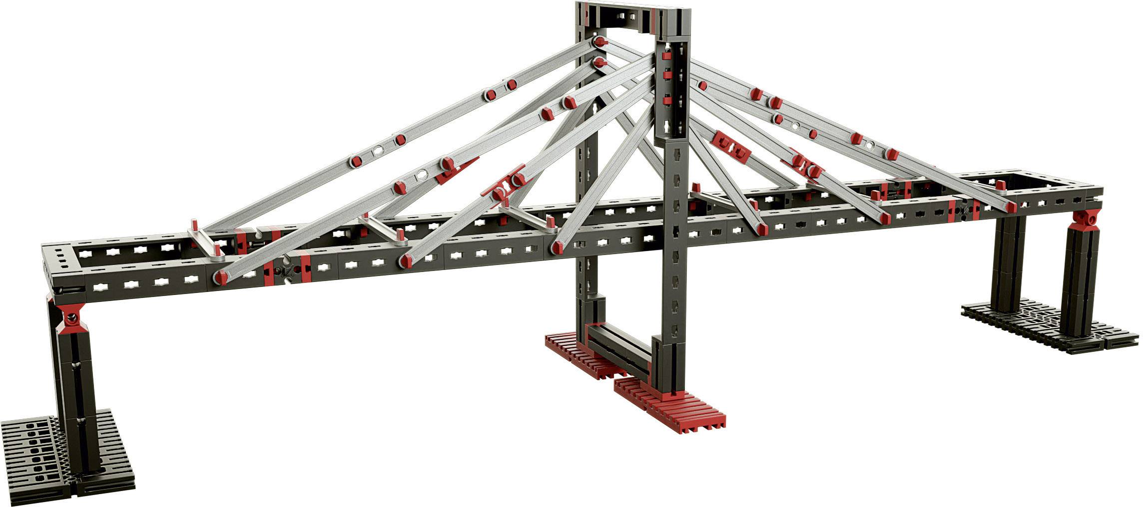 Modèle métallique d'une grue avec des pièces rouges et noires, présentant une structure trapézoïdale avec deux piliers de support et plusieurs entretoises.
