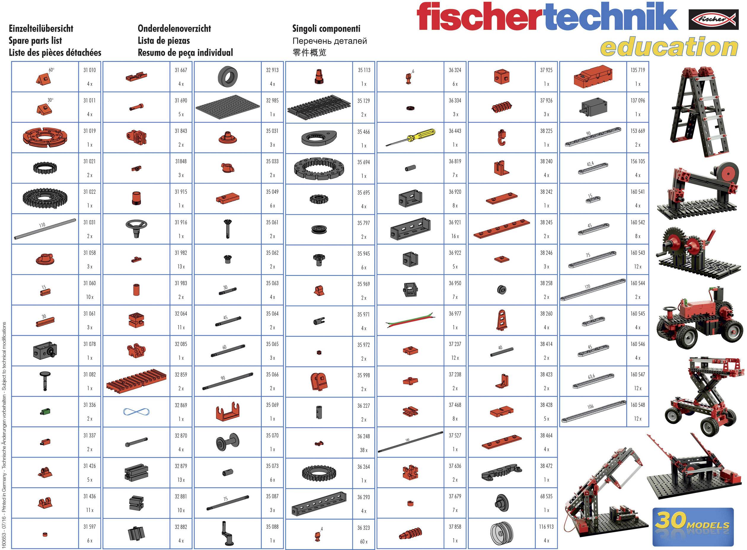 Liste des pièces détachées de la boîte de construction fischertechnik avec illustrations, numéros et dimensions des composants pour 30 modèles.