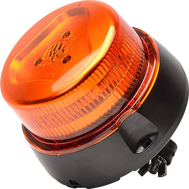 Un voyant d'avertissement orange, rond et monté sur un socle noir, est utilisé dans un contexte professionnel ou industriel.