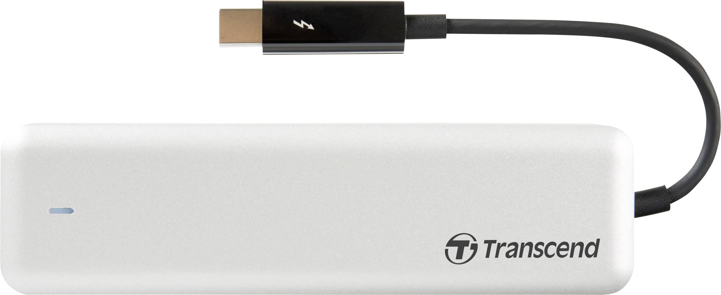 Une SSD blanche portable de la marque Transcend, connectée par un câble USB-C. La SSD présente un design minimaliste.