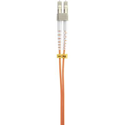 Un câble à fibre optique orange avec deux connecteurs à ses extrémités, identifié par des étiquettes jaunes, numérotées 1 et 2.
