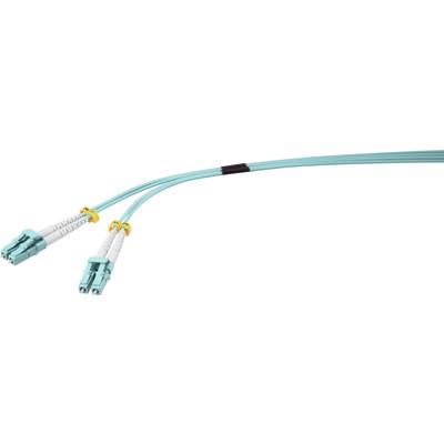 Câble à fibre optique avec deux connecteurs LC à une extrémité, de couleur turquoise, pour transmission de données à haute vitesse.