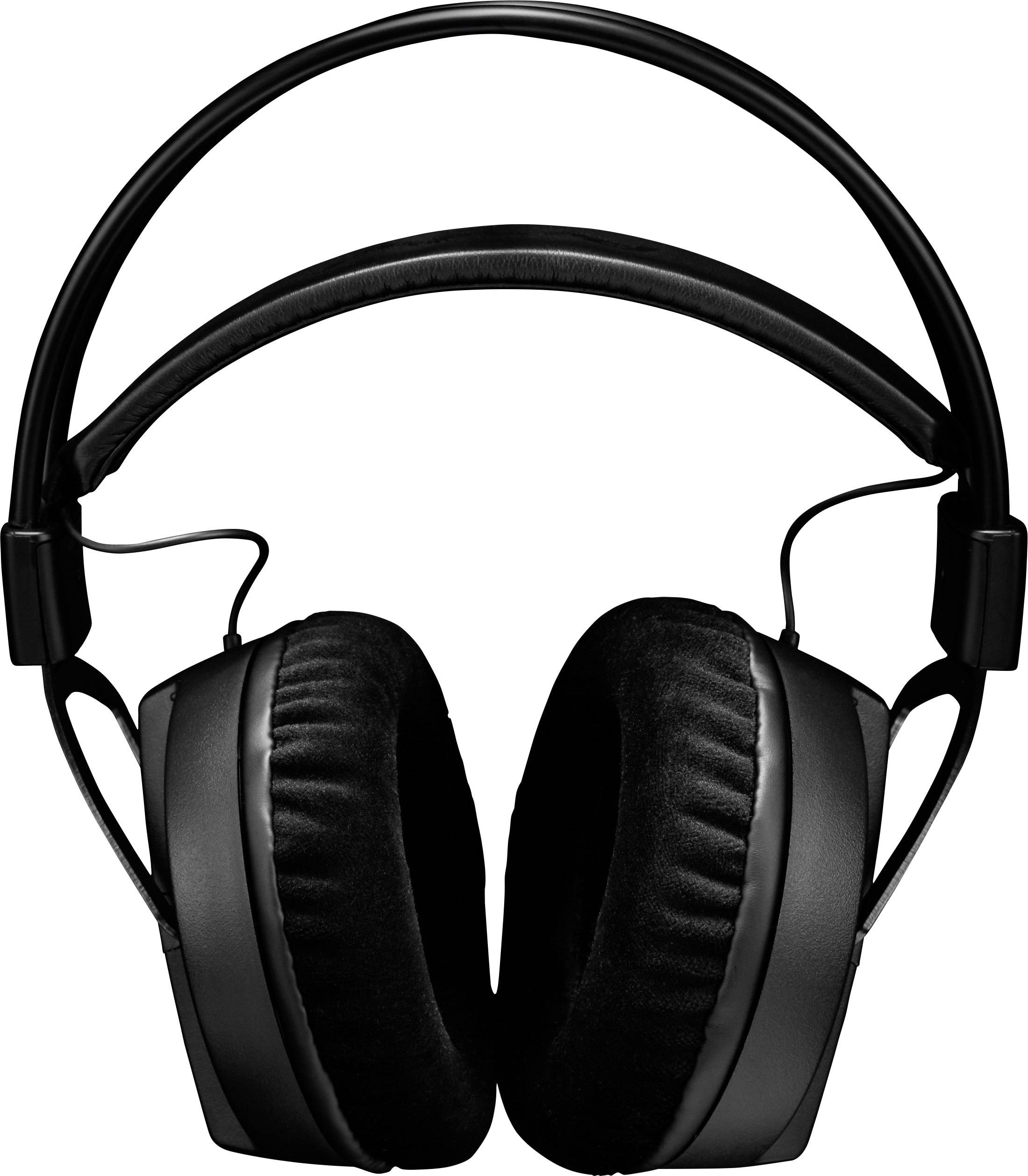Une paire d'écouteurs noirs filaires avec des coussinets d'oreille rembourrés et un bandeau réglable.