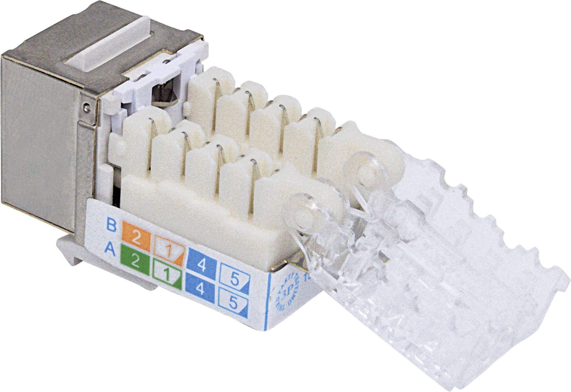 Un connecteur de câble réseau Cat 6A avec des points de connexion codés par couleur indiquant un câblage correct.