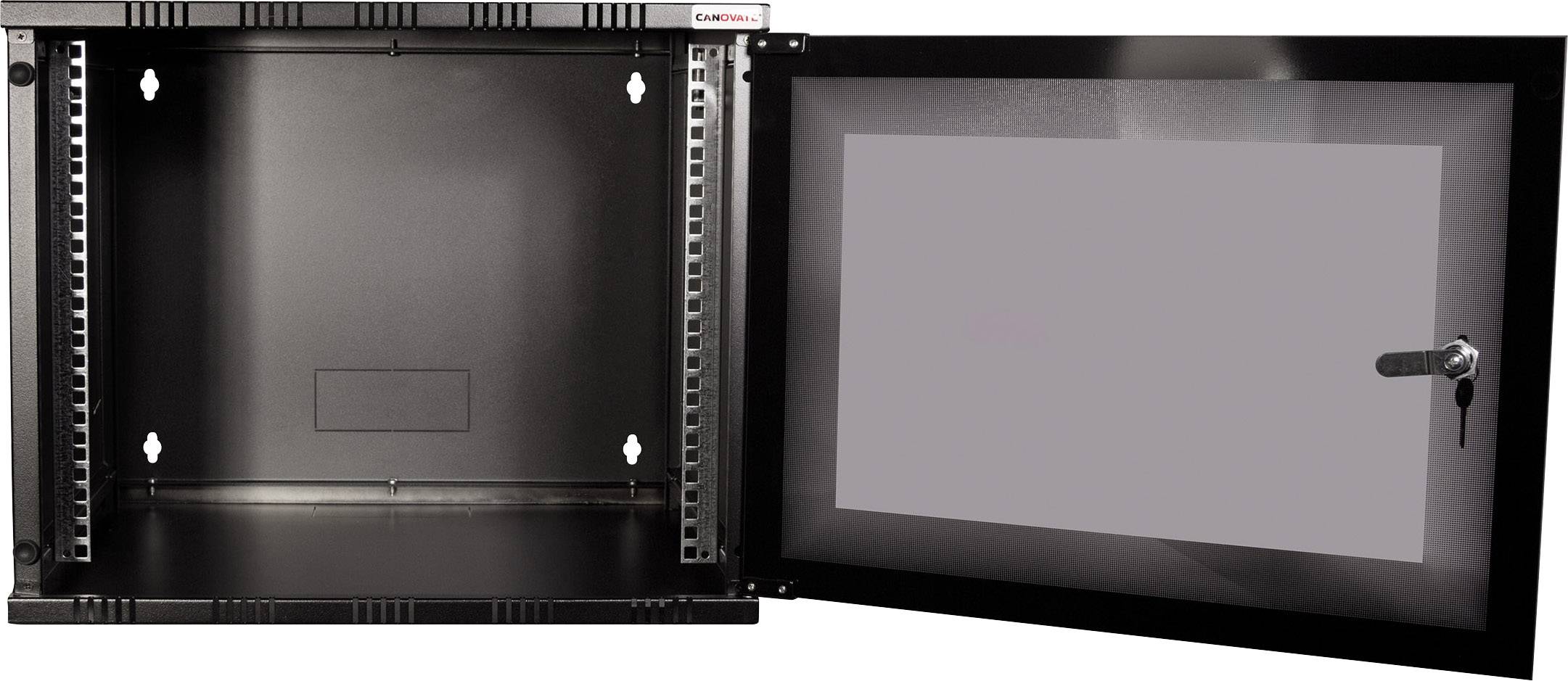 Un armoire électronique noire ouverte en métal avec une porte vitrée et une serrure. La porte est ouverte sur le côté.