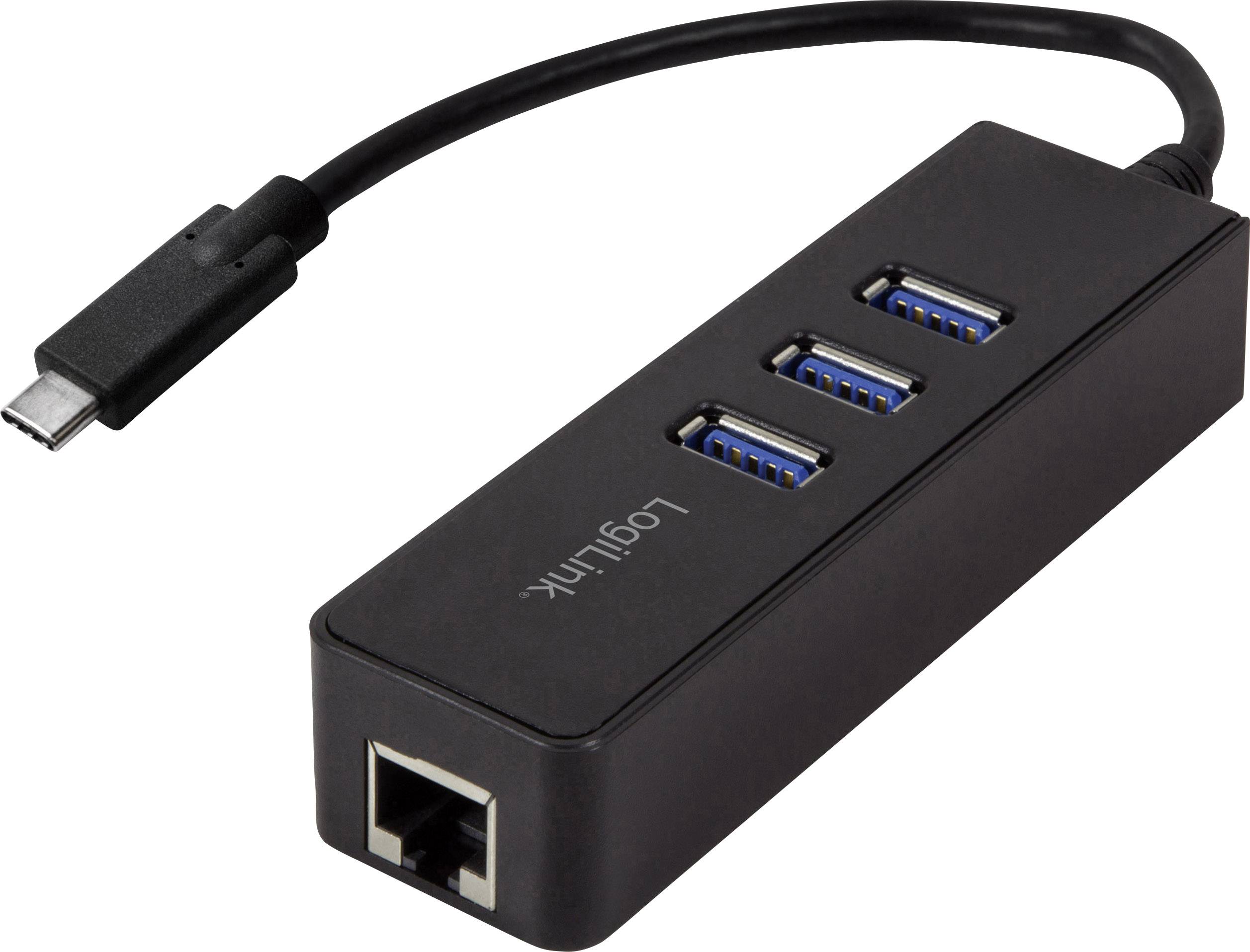 Un hub USB noir avec trois ports USB 3.0, un port Ethernet et un câble USB-C pour la connexion des appareils.