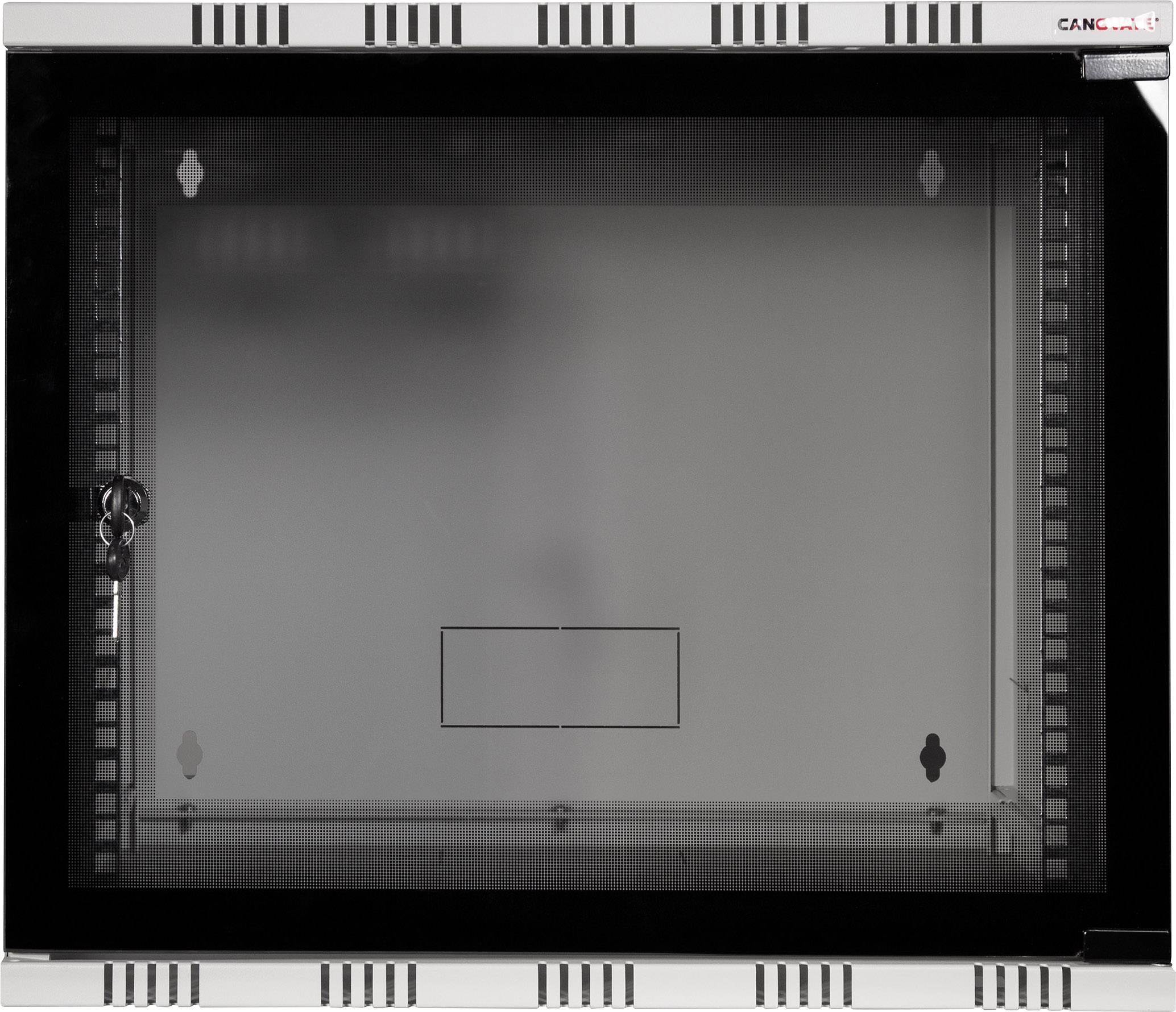 'Vitrine verrouillable en verre avec clé dans la serrure. Forme rectangulaire, adaptée aux présentations ou expositions.'