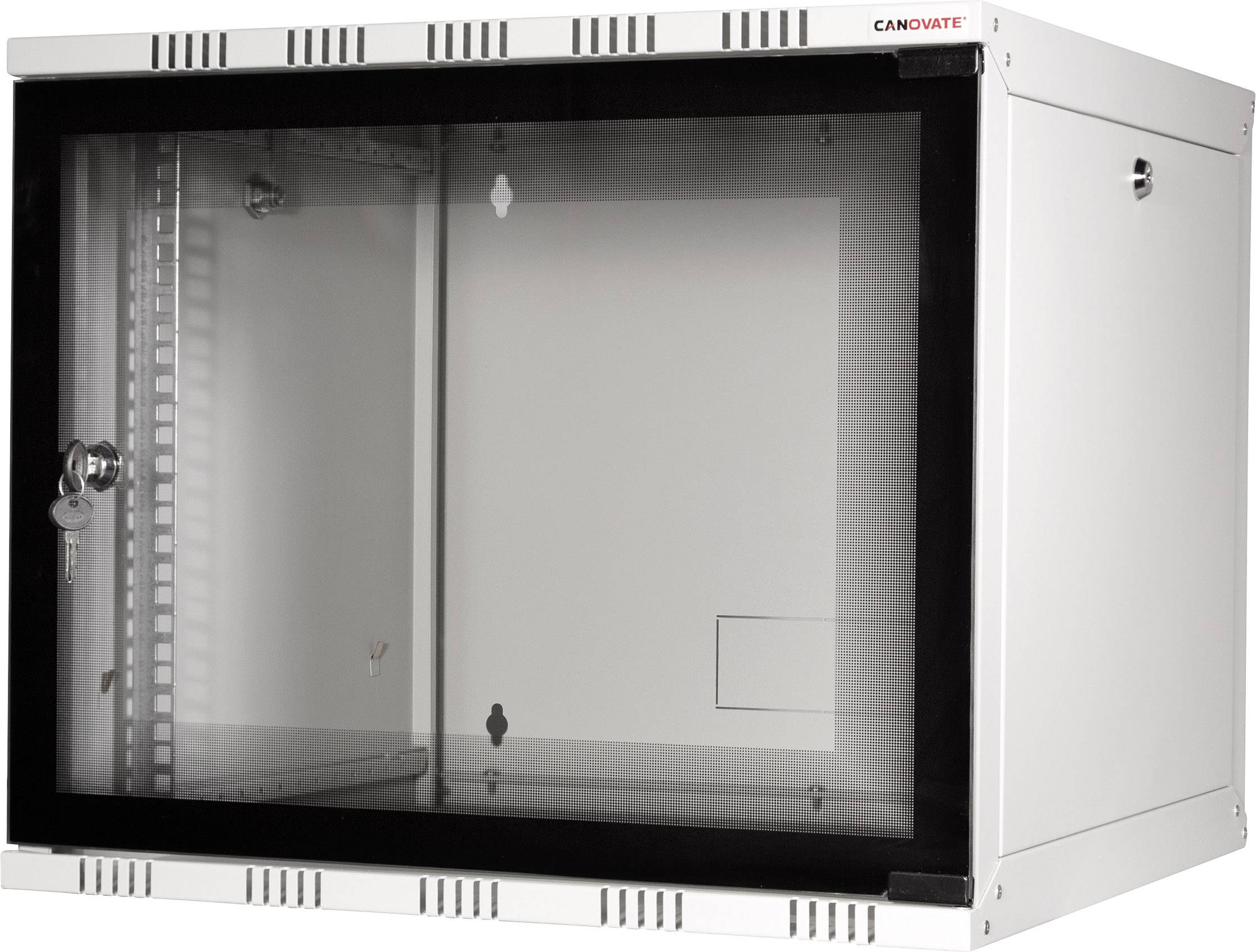 Répartiteur réseau blanc avec porte en verre et serrure, adapté pour le stockage sécurisé des composants informatiques et des équipements réseau.