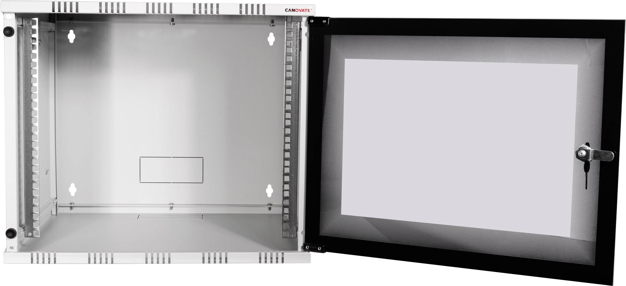 Armoire métallique avec porte vitrée ouverte, montrant un intérieur vide. Adaptée au stockage sécurisé des équipements électroniques dans un environnement réseau.