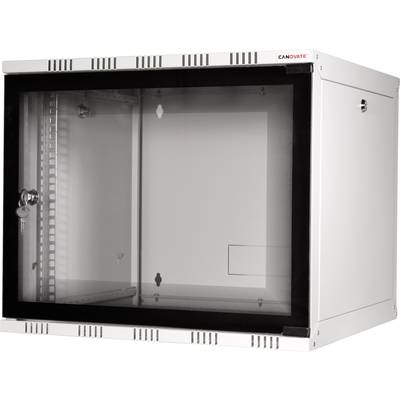 Armoire réseau blanche avec porte vitrée, serrure visible et fentes de ventilation latérales, adaptée à une installation murale.