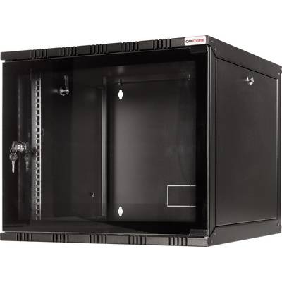 Un boîtier réseau noir à montage mural avec porte en verre et deux clés. Adapté au stockage sécurisé des équipements informatiques.
