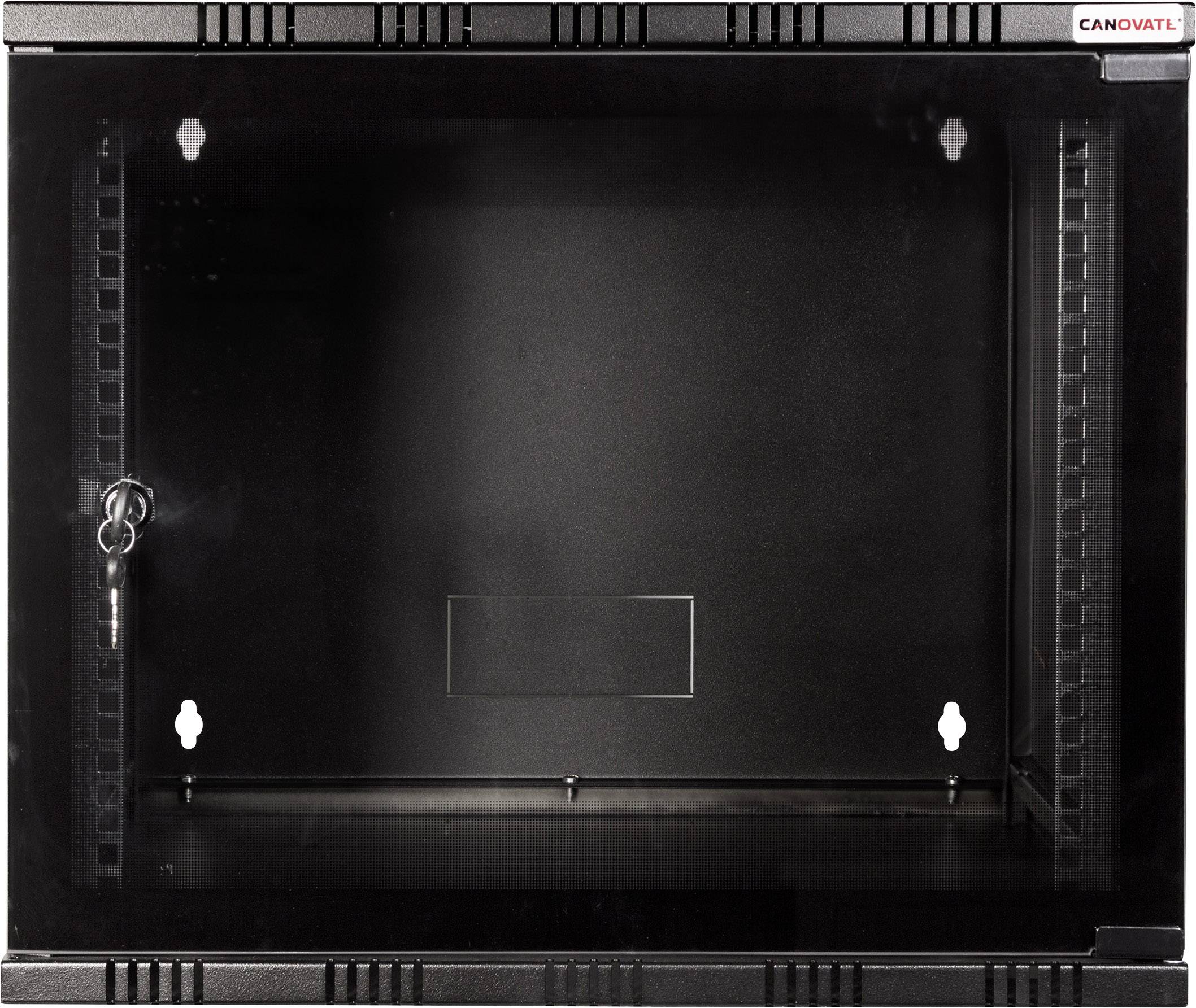 'Boîte en verre noir, vide, avec serrure et clé sur le côté, adaptée au rangement ou à l'exposition d'objets.'