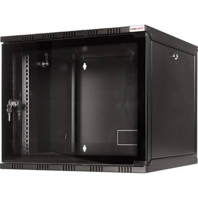 Armoire réseau murale noire avec porte en verre, mécanismes de verrouillage apparents et fentes de ventilation sur les côtés.