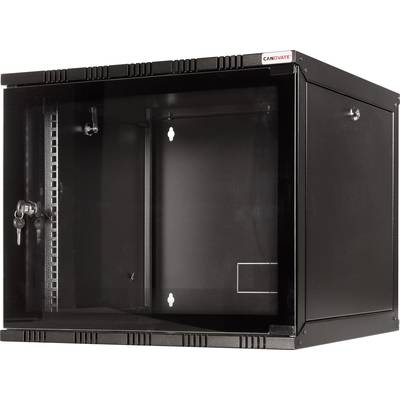 Armoire murale noire avec porte vitrée et serrure, adaptée au rangement sécurisé des équipements réseau.