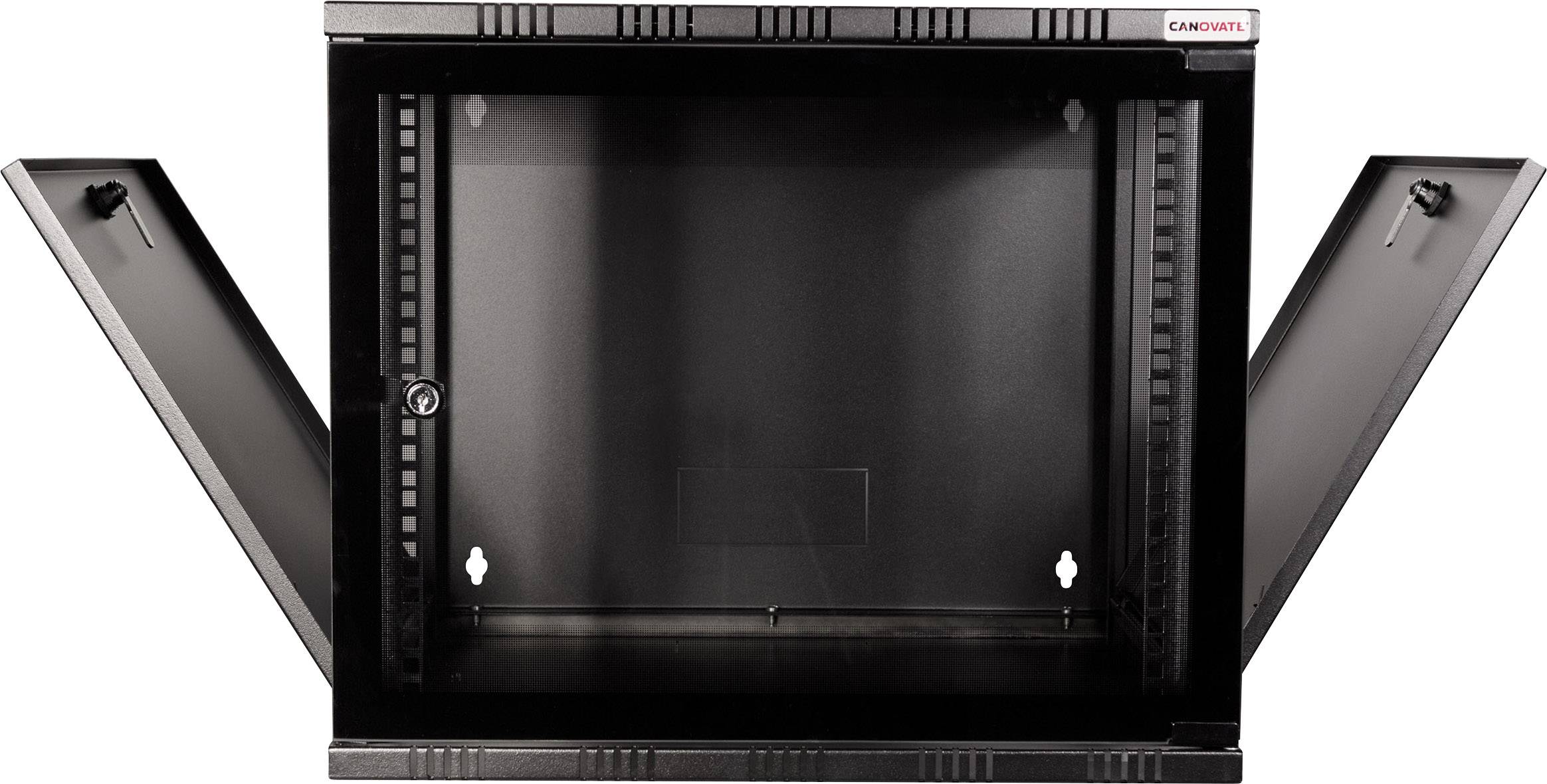 Armoire réseau noire ouverte avec deux portes latérales, conçue pour le stockage et l'organisation des équipements informatiques dans les environnements de bureau.