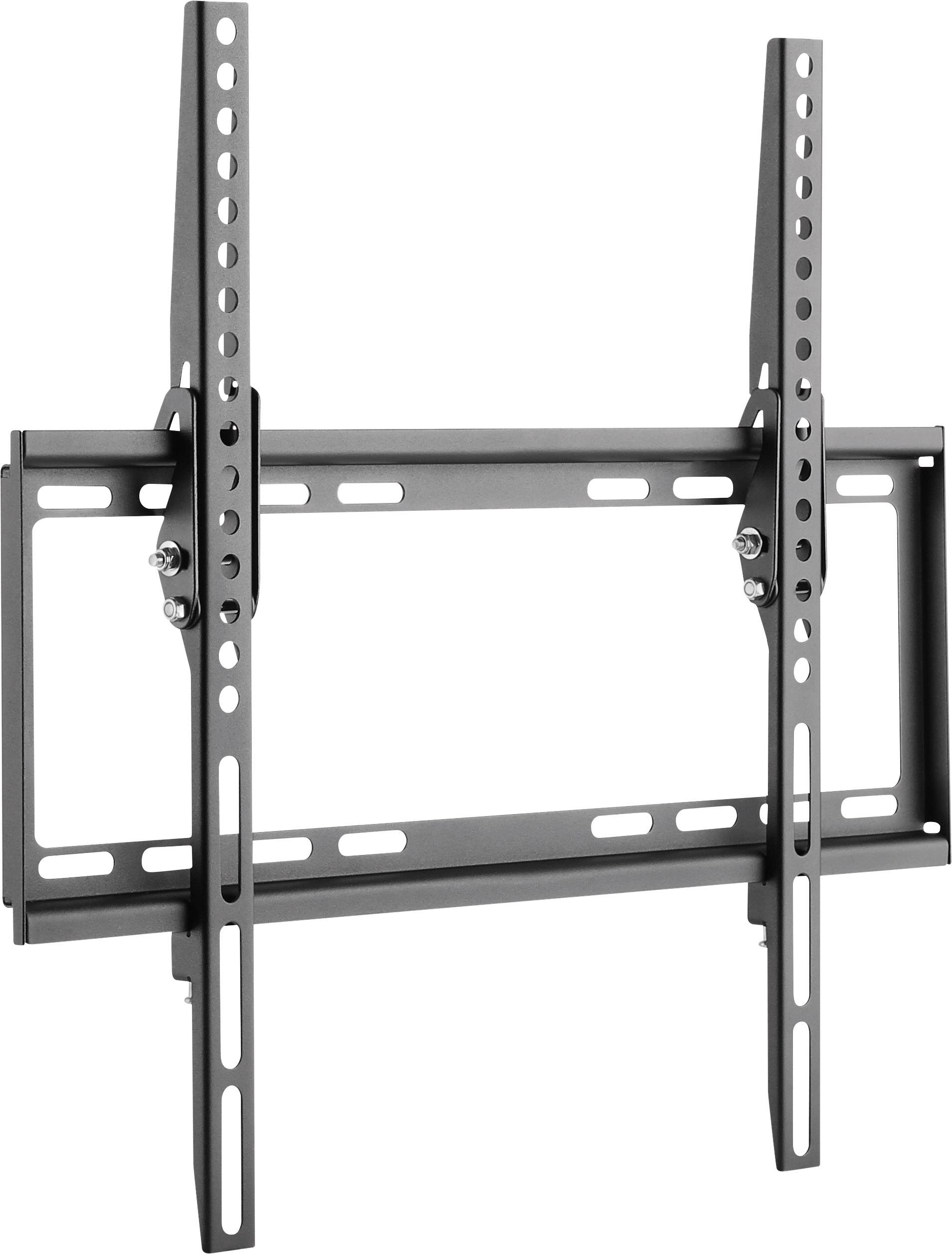 Un support mural noir pour téléviseurs à écran plat, adapté pour une fixation sécurisée au mur, avec des bras ajustables et des trous de fixation.