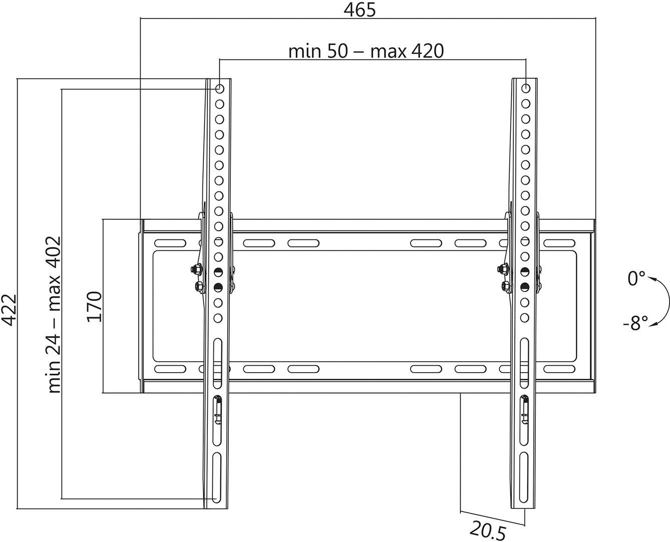 Diagramme d'un support mural pour téléviseur avec rails ajustables, indiquant les dimensions : largeur 465 mm, hauteur 422 mm, angle d'inclinaison de 0° à -8°.