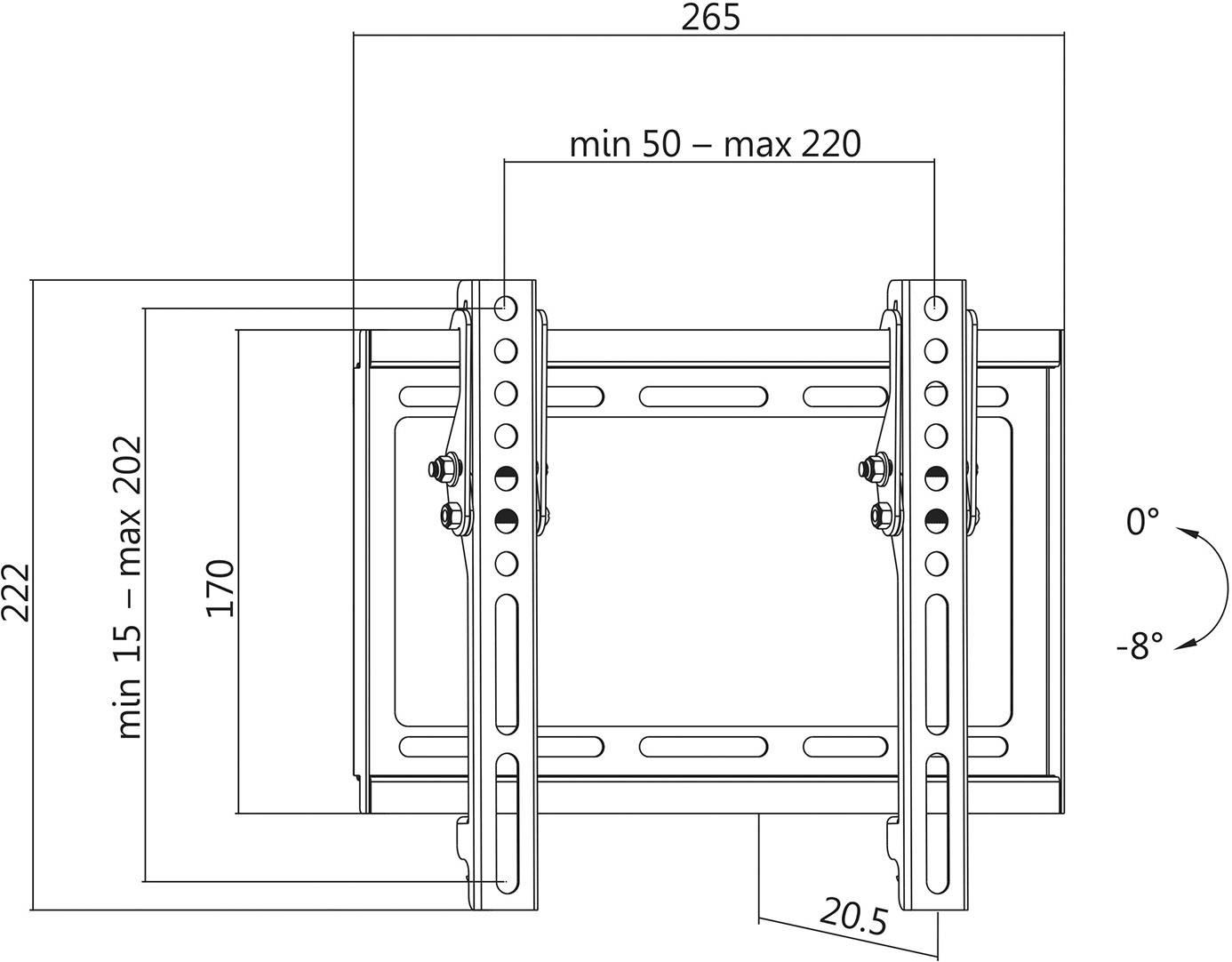 Support mural pivotant pour téléviseur. Distance de montage : largeur 265 mm, hauteur 222 mm. Angle de pivotement de 0° à -8°. Plage de réglage : de 50 mm minimum à 220 mm maximum.