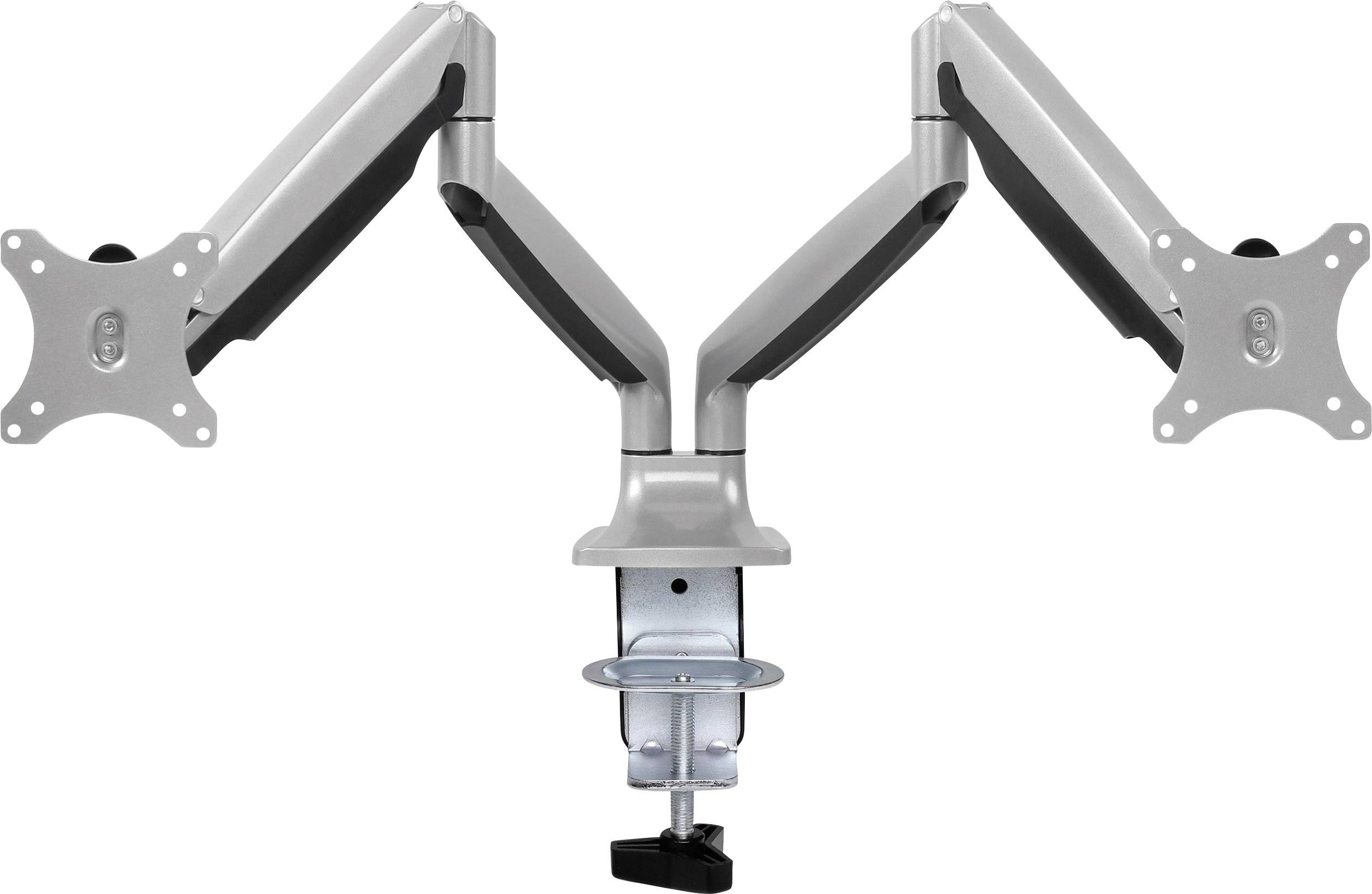 Deux bras de moniteur avec fixation par pince, articulations pour un positionnement flexible et supports VESA. Adaptés à une installation ergonomique d'écran.