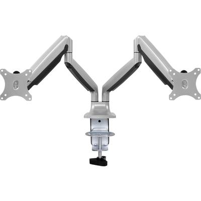 Deux bras de moniteur avec fixation par pince, articulations pour un positionnement flexible et supports VESA. Adaptés à une installation ergonomique d'écran.