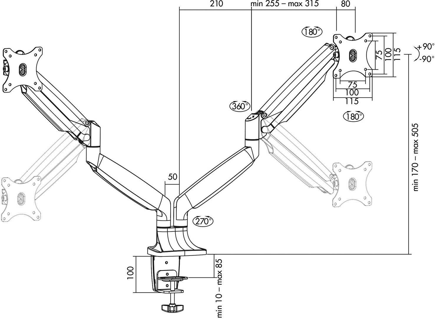 Dessin technique d'un bras de moniteur avec dimensions et angles de mouvement. Présente les possibilités de montage et la flexibilité des bras.