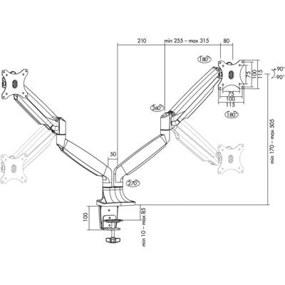 Dessin technique d'un bras de moniteur avec dimensions et angles de mouvement. Présente les possibilités de montage et la flexibilité des bras.