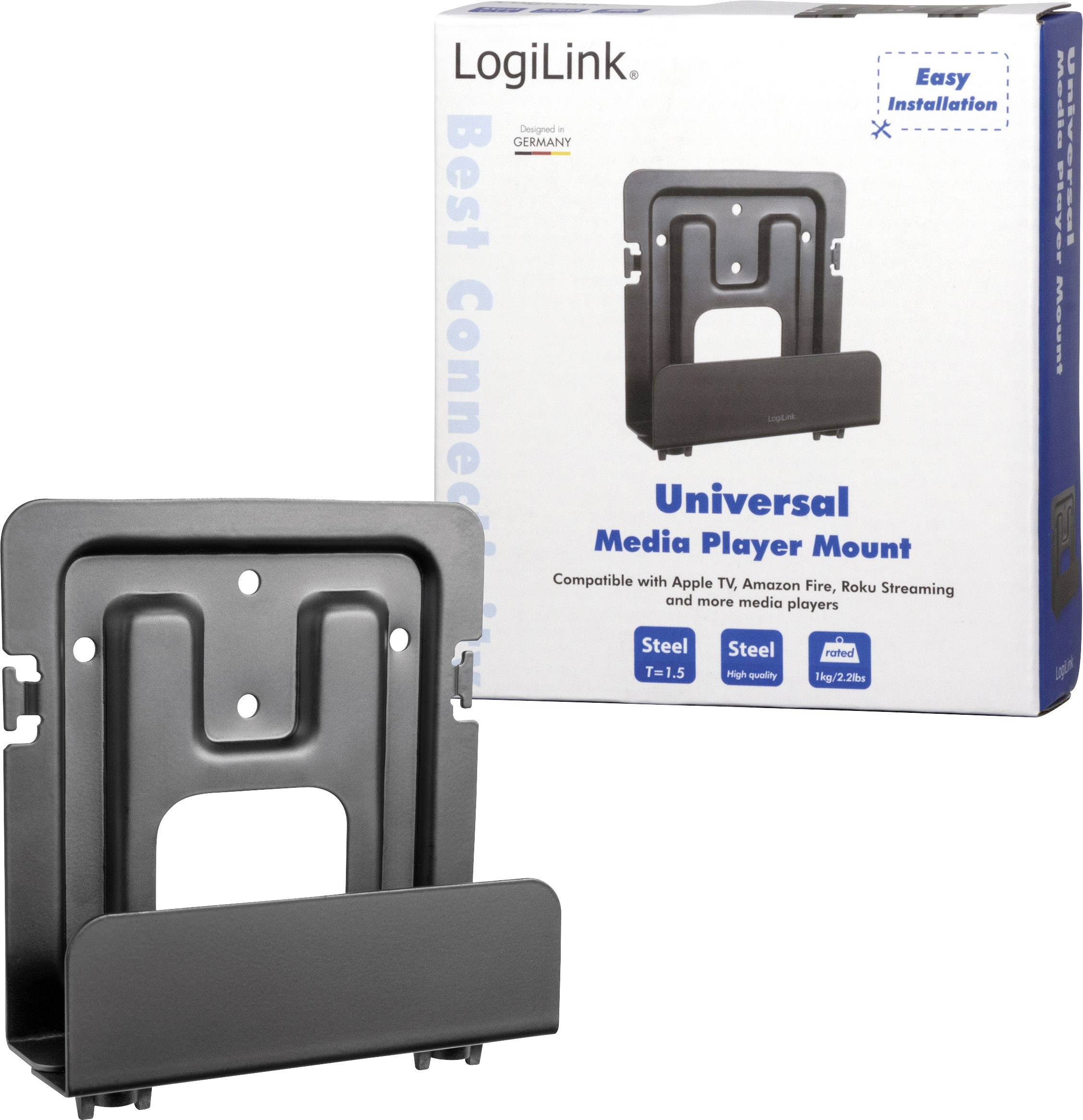 Support pour lecteur multimédia de LogiLink, emballé dans un carton. Conçu pour Apple TV, Amazon Fire, Roku Streaming. Installation facile.
