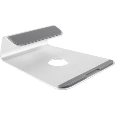 Un support pour ordinateur portable argenté avec une ouverture circulaire au centre, doté d'une surface antidérapante en haut et en bas pour maintenir l'appareil de manière stable.