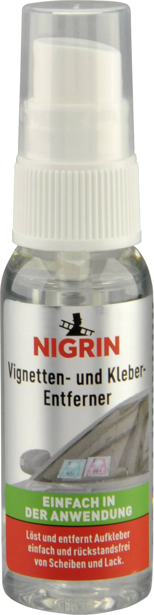 Bouteille de pulvérisation du dissolvant Nigrin pour autocollants et étiquettes avec étiquette : 'Simple d'utilisation', adapté aux vitres et à la peinture.